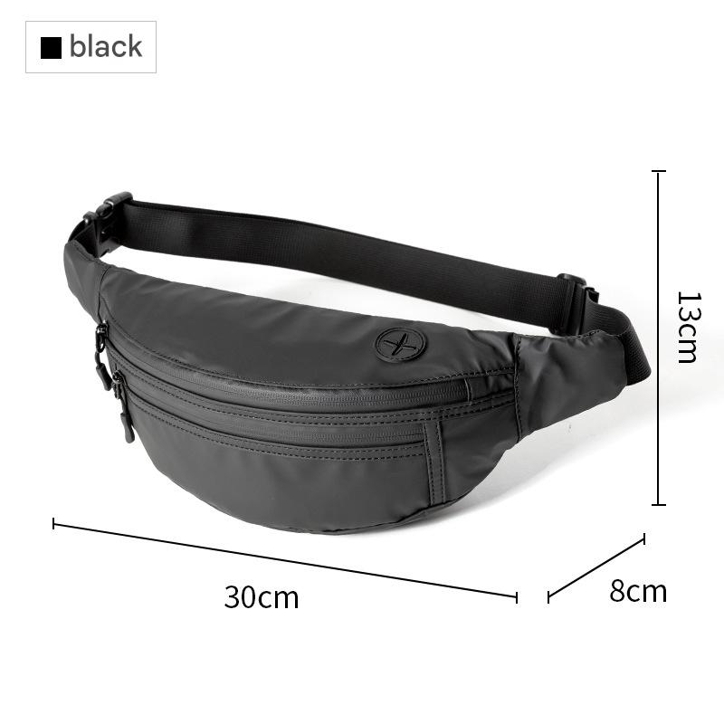multi-pocket waist pack size reference measuring approximately 30 x 13 x 8 cm in black
