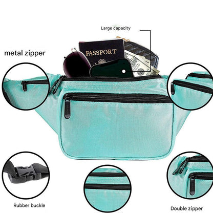 multi-pocket waist pack bag with double zipper storage for passport phone sunglasses cash and small essentials