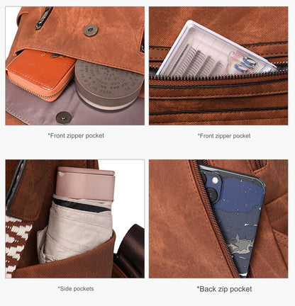 multi pocket womens backpack detail showing front flap pocket front zipper pocket side pocket and rear zipper compartment