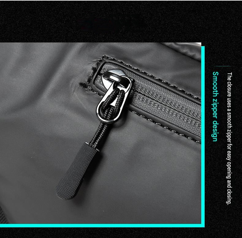 multi-zipper men's waist bag with extended zipper pulls and reinforced front compartment stitchin