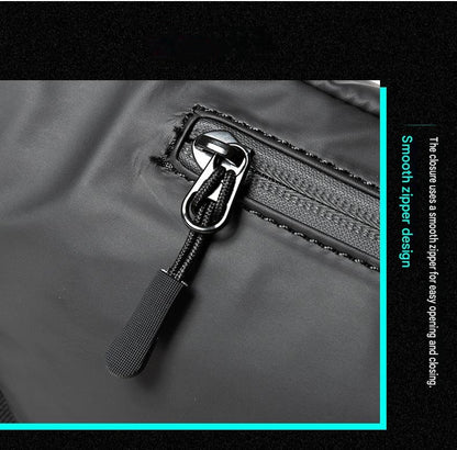 multi-zipper men's waist bag with extended zipper pulls and reinforced front compartment stitchin