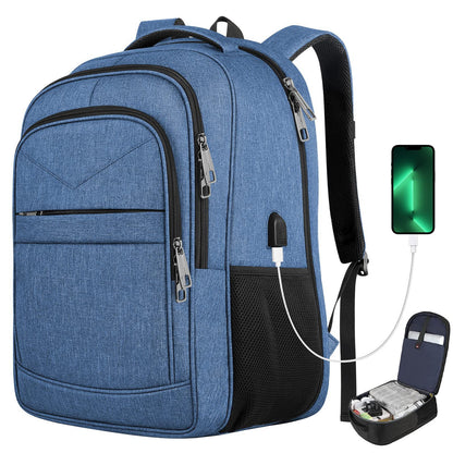 navy blue college tech backpack with large laptop storage and multiple zippered sections