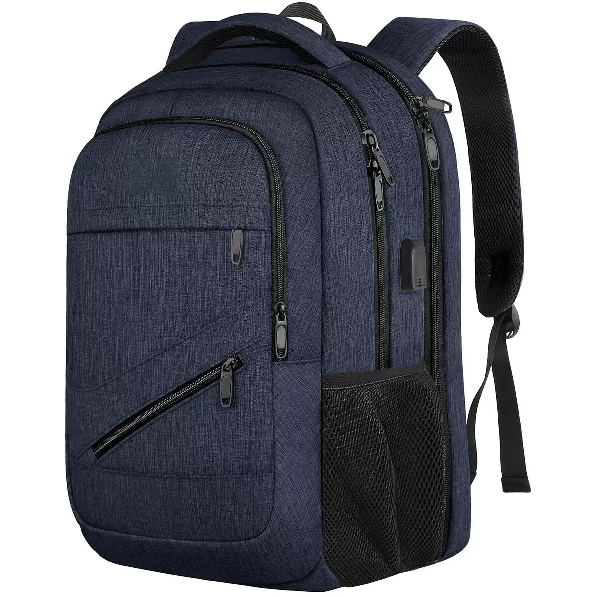 navy blue corporate business travel backpack with organized compartments and laptop storage