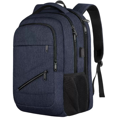 navy blue corporate business travel backpack with organized compartments and laptop storage