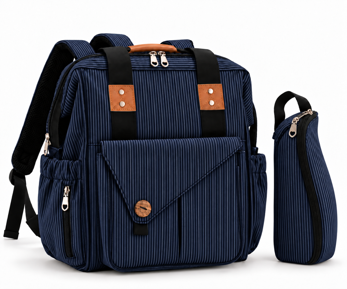 navy blue diaper backpack set with striped fabric tan handle accents front flap compartment and separate insulated bottle pouch