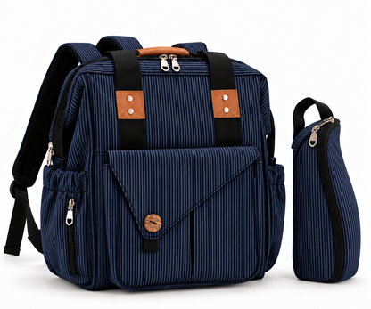 navy blue diaper backpack set with striped fabric tan handle accents front flap compartment and separate insulated bottle pouch