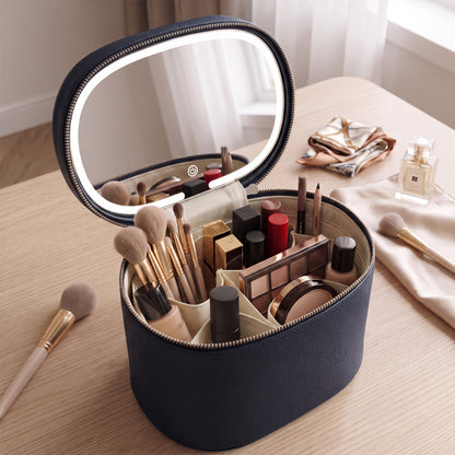 navy blue makeup case with open mirror brush holders and divided cosmetic storage sections