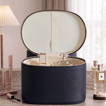 navy blue makeup organizer case without mirror showing open lid and interior storage sections