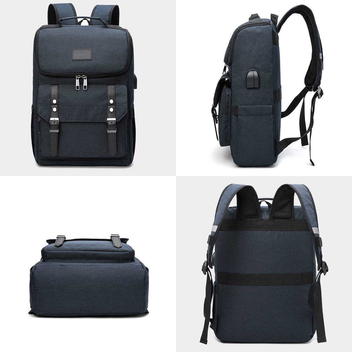 navy laptop backpack shown from front side bottom and back views with padded shoulder straps
