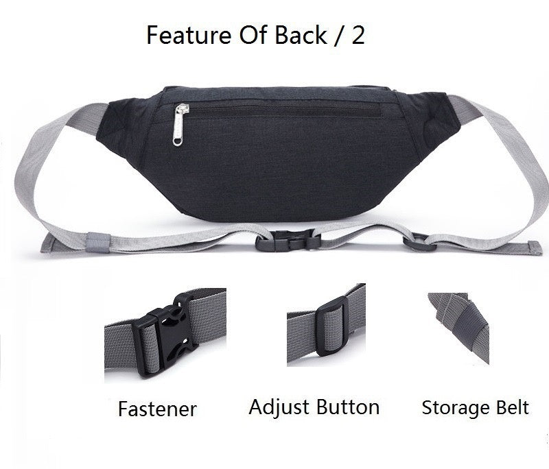 rear view of nylon waist bag showing concealed side facing zipper pocket quick release buckle strap adjuster and webbing keeper