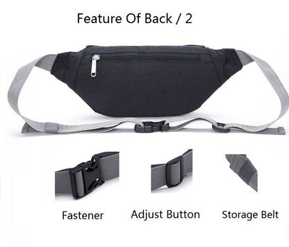 rear view of nylon waist bag showing concealed side facing zipper pocket quick release buckle strap adjuster and webbing keeper