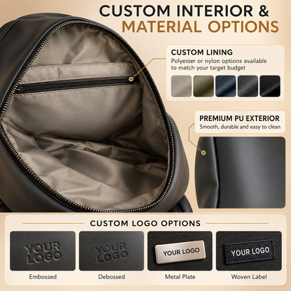 oem pu backpack interior with zippered pocket customizable polyester or nylon lining and embossed debossed metal plate woven label logo options