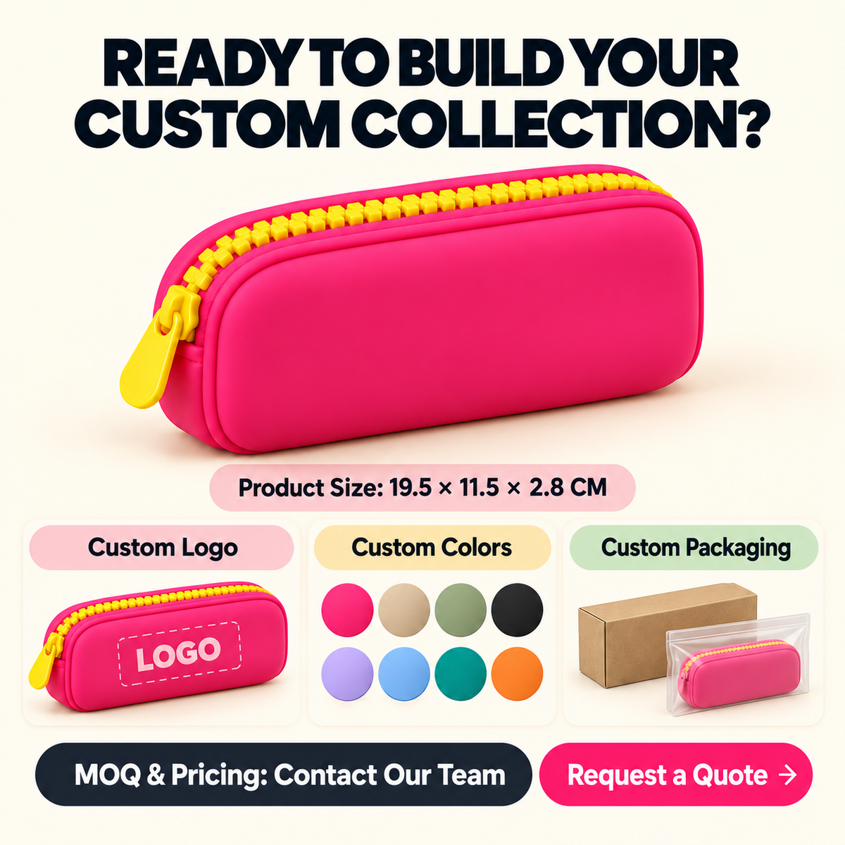 oem custom silicone cosmetic pouch showing logo placement body and zipper color options and branded packaging ideas