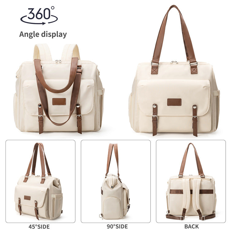 off-white diaper bag tote backpack showing front side and rear views with brown straps front flap pocket and backpack straps
