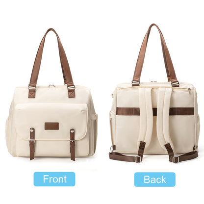 off-white convertible diaper tote backpack front and rear views showing flap organizer brown straps and luggage pass-through sleeve