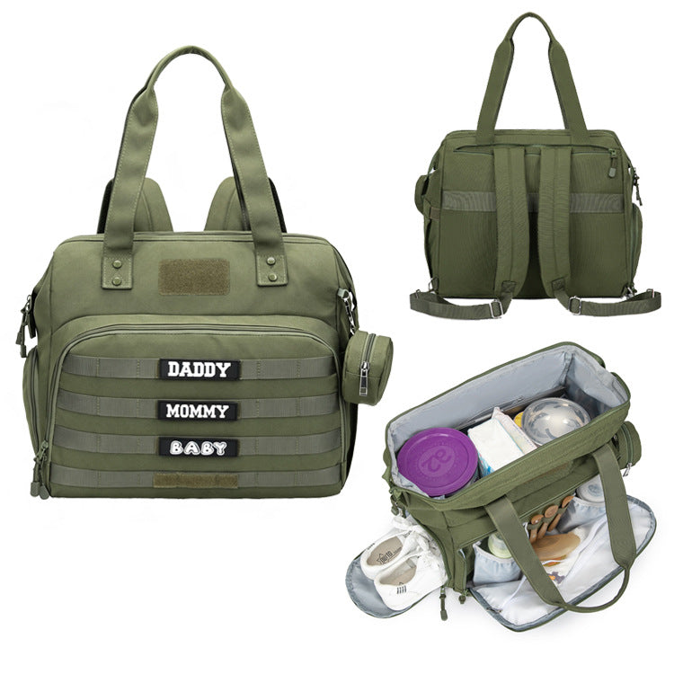 olive green diaper bag tote shown from front and rear with adjustable backpack straps and open baby bottle organizer compartment