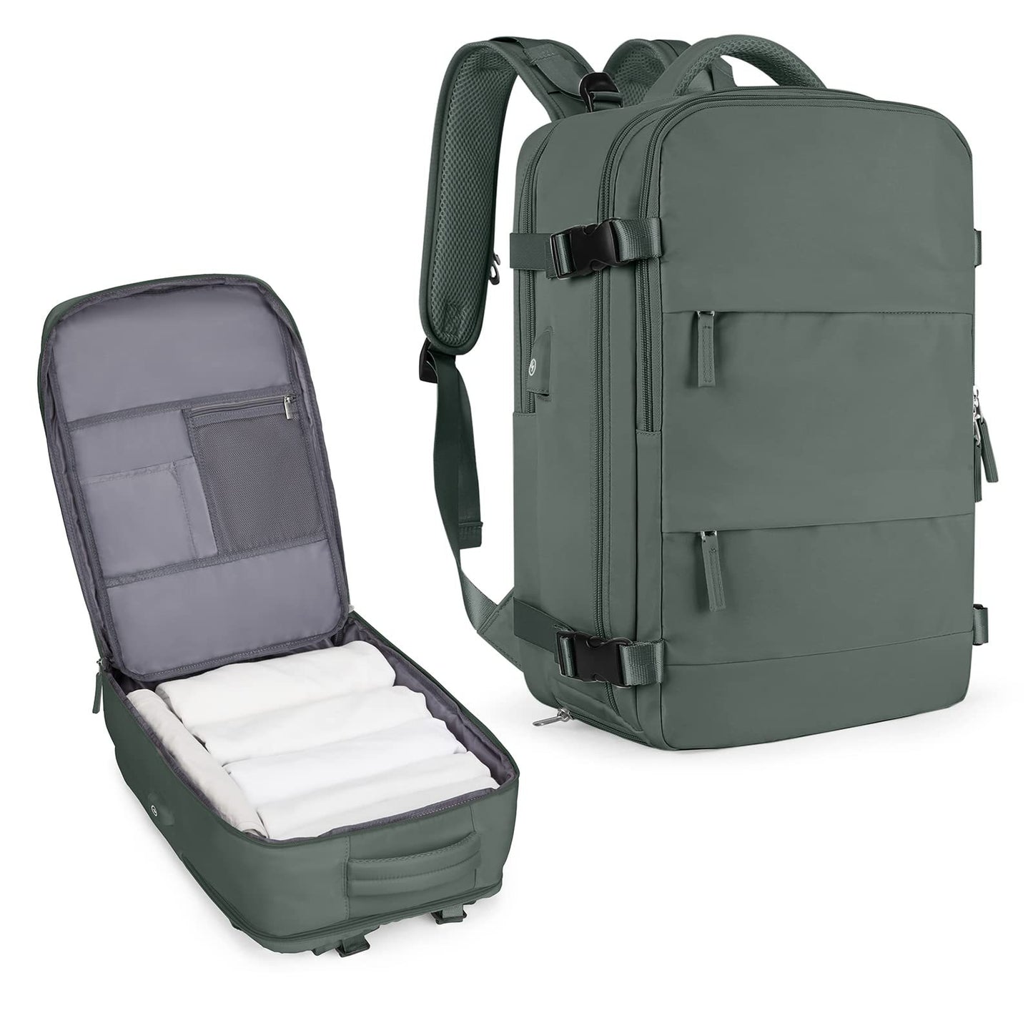 olive green travel backpack with laptop compartment