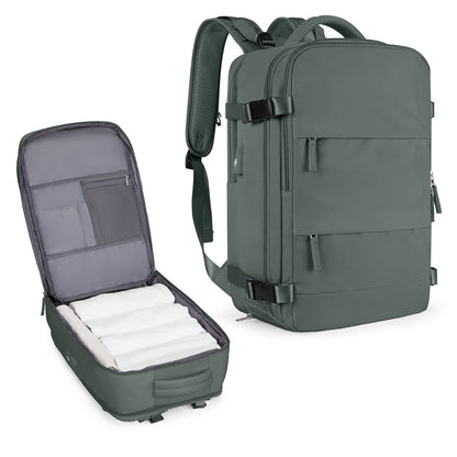 olive green travel backpack with laptop compartment