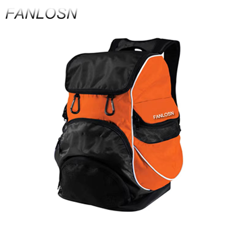 Orange and black custom swim backpack with curved front wet pocket, side mesh storage, top flap and two accessory hooks