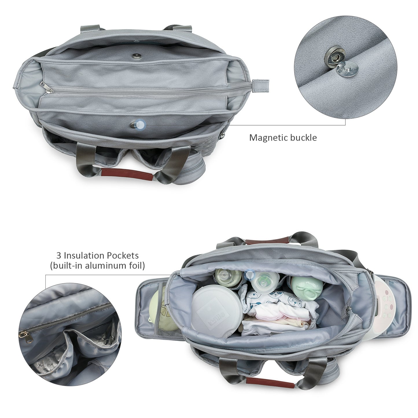 Large diaper tote bag interior with insulated bottle pockets and organizer compartments