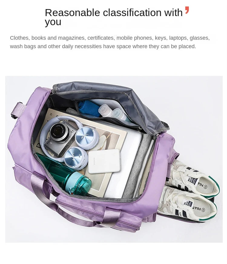 organized womens weekend travel bag interior holding clothing camera bottles books and shoes