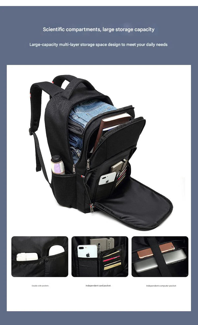 organized backpack interior with separate computer pocket, card slots, phone storage, side pockets and clothing space