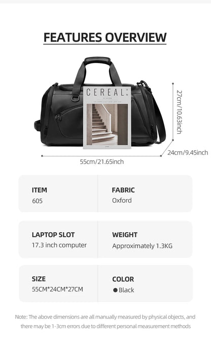 black oxford travel bag 55 x 24 x 27 cm with 17.3 inch laptop compartment