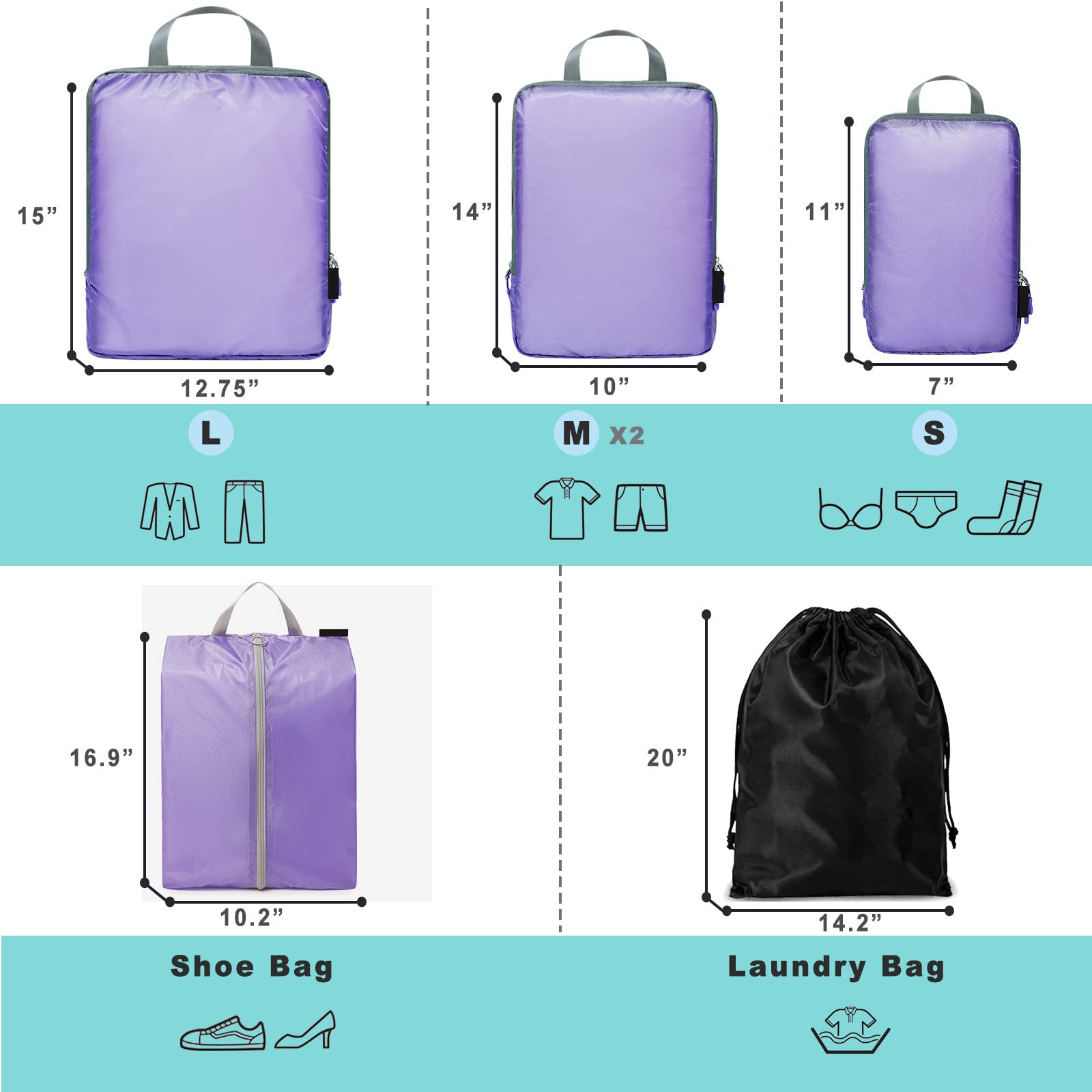 violet nylon waterproof fanlosn packing cubes 5 pieces set,custom,dimensions
