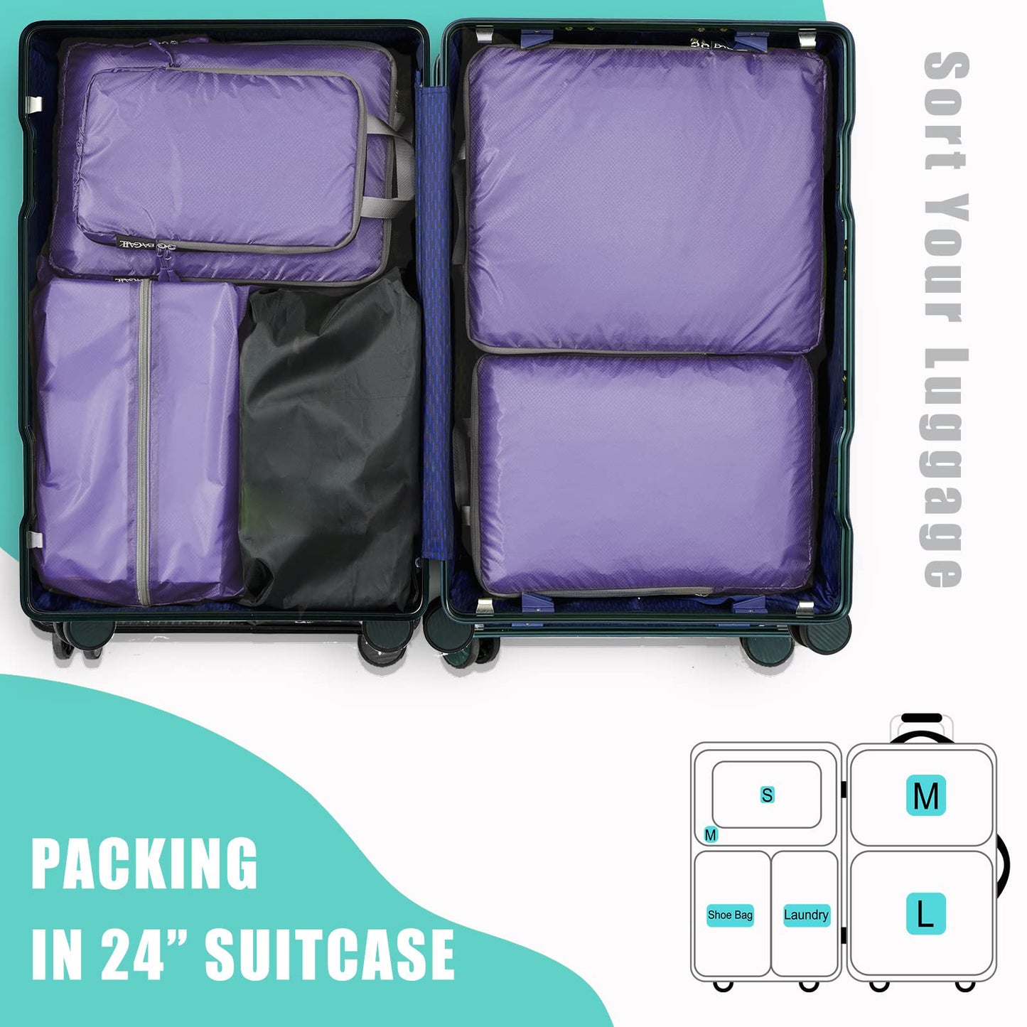 violet nylon waterproof fanlosn packing cubes 5 pieces set,custom,inner