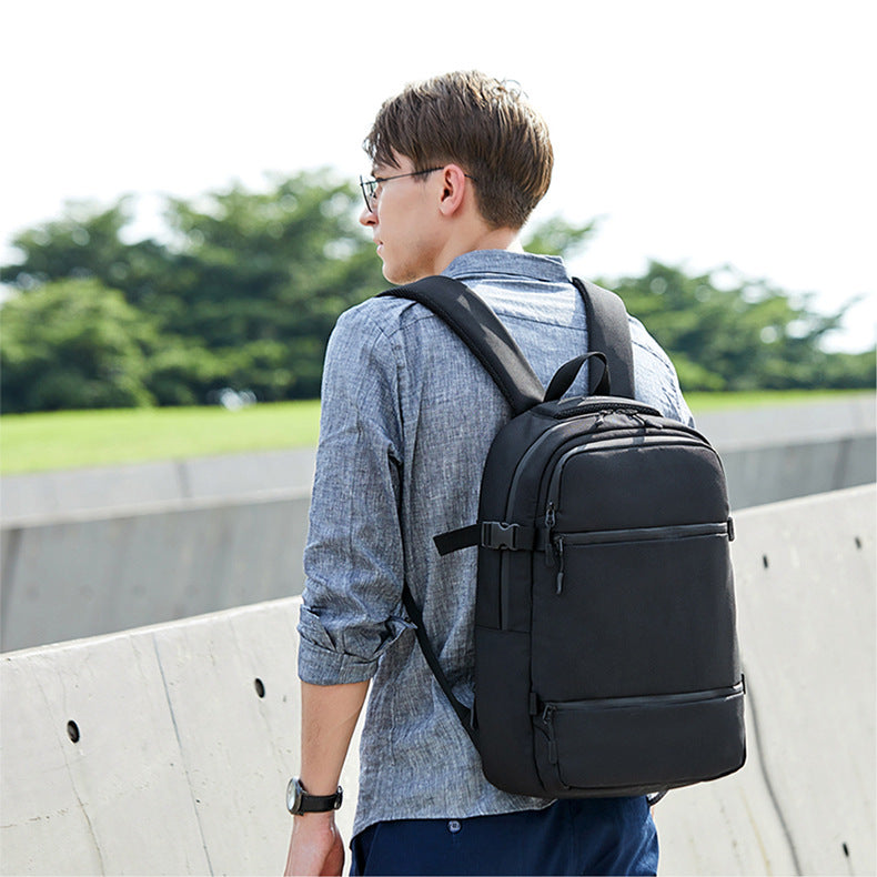 business backpack worn with padded shoulder straps and full back support for daily carrying