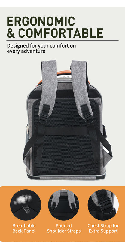 rear view of gray pet carrier backpack showing padded shoulder straps mesh back panel and luggage strap
