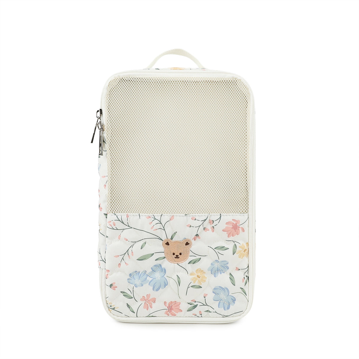 pastel botanical print baby organizer pouch with cream mesh front section small bear embroidery and zipper