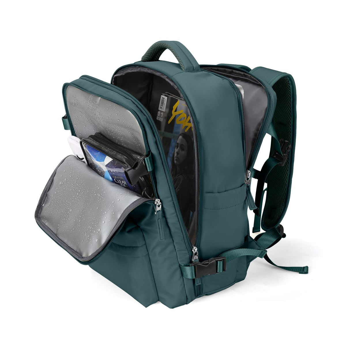 peacock blue travel backpack with multi-compartment packing design and front storage section