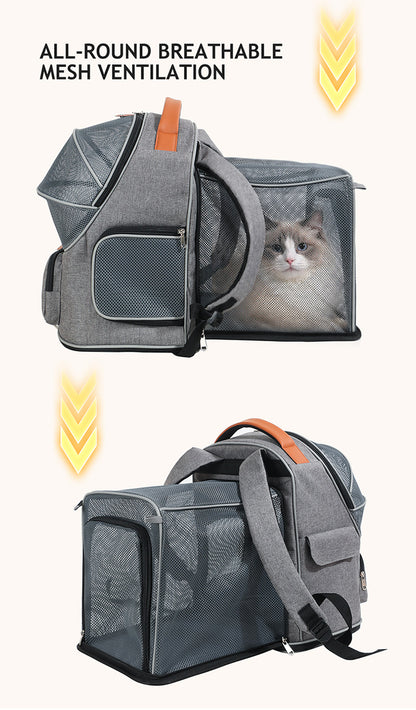 expandable pet backpack carrier showing rear mesh compartment extended in side and back views
