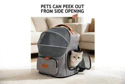 gray pet backpack carrier with cat looking out through open side access panel