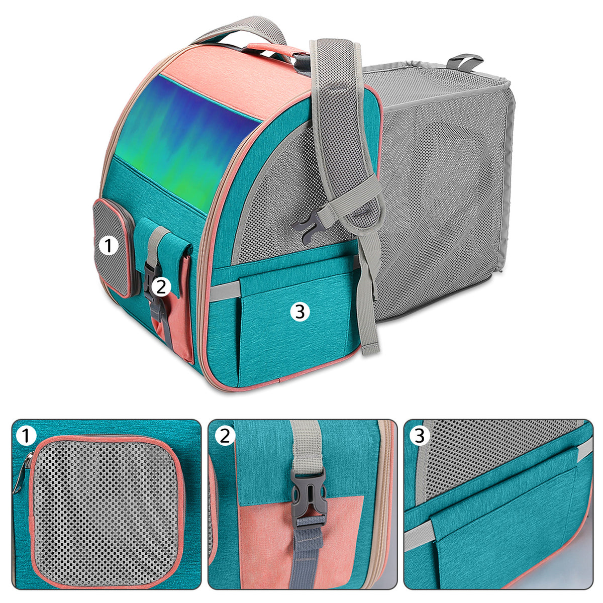 pet backpack carrier detail showing front mesh pocket secure buckle and large side storage pocket