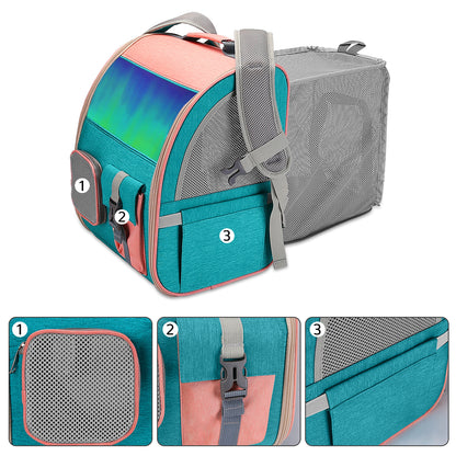 pet backpack carrier detail showing front mesh pocket secure buckle and large side storage pocket