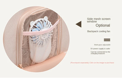 pet backpack side mesh pocket designed for optional compact cooling fan and ventilation accessory