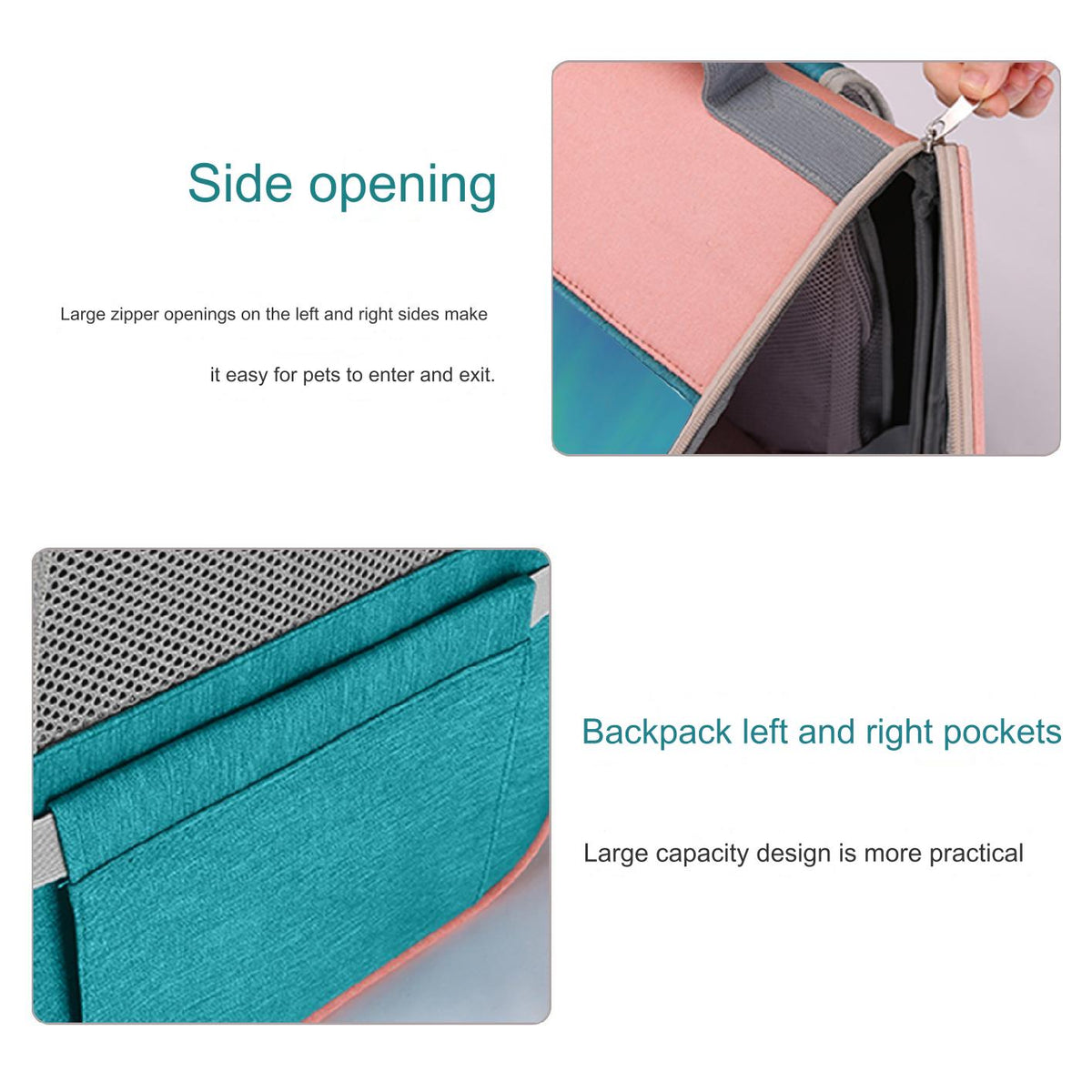 pet backpack carrier with side opening and left and right storage pockets for travel accessories