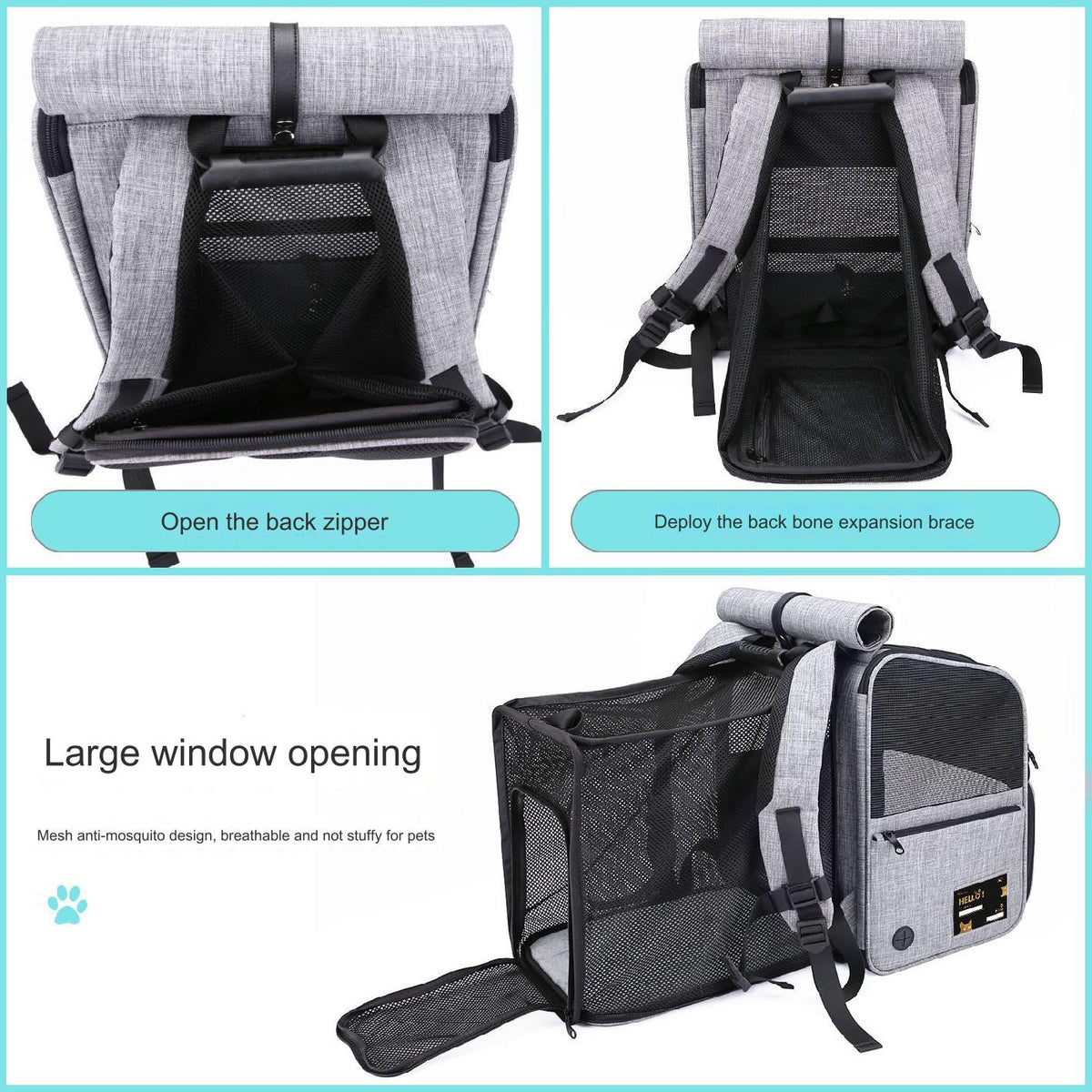 pet carrier backpack expansion steps showing rear zipper opening support frame deployment and large mesh window