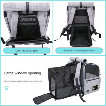 pet carrier backpack expansion steps showing rear zipper opening support frame deployment and large mesh window