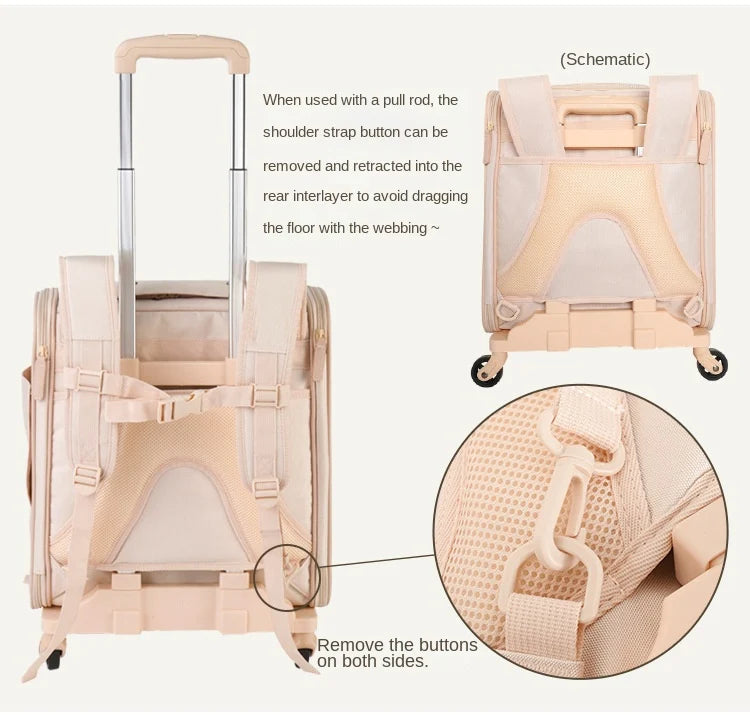 pet carrier backpack with widened shoulder straps chest buckle removable strap connection and trolley frame