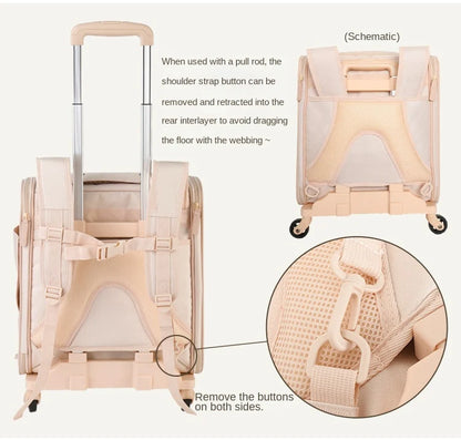 pet carrier backpack with widened shoulder straps chest buckle removable strap connection and trolley frame