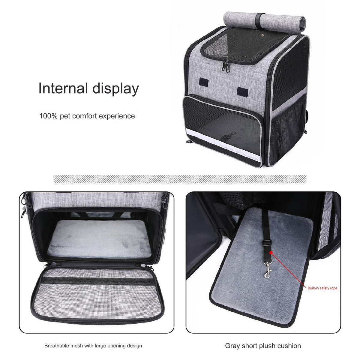 pet carrier interior with breathable large opening removable plush cushion and built in pet safety tether