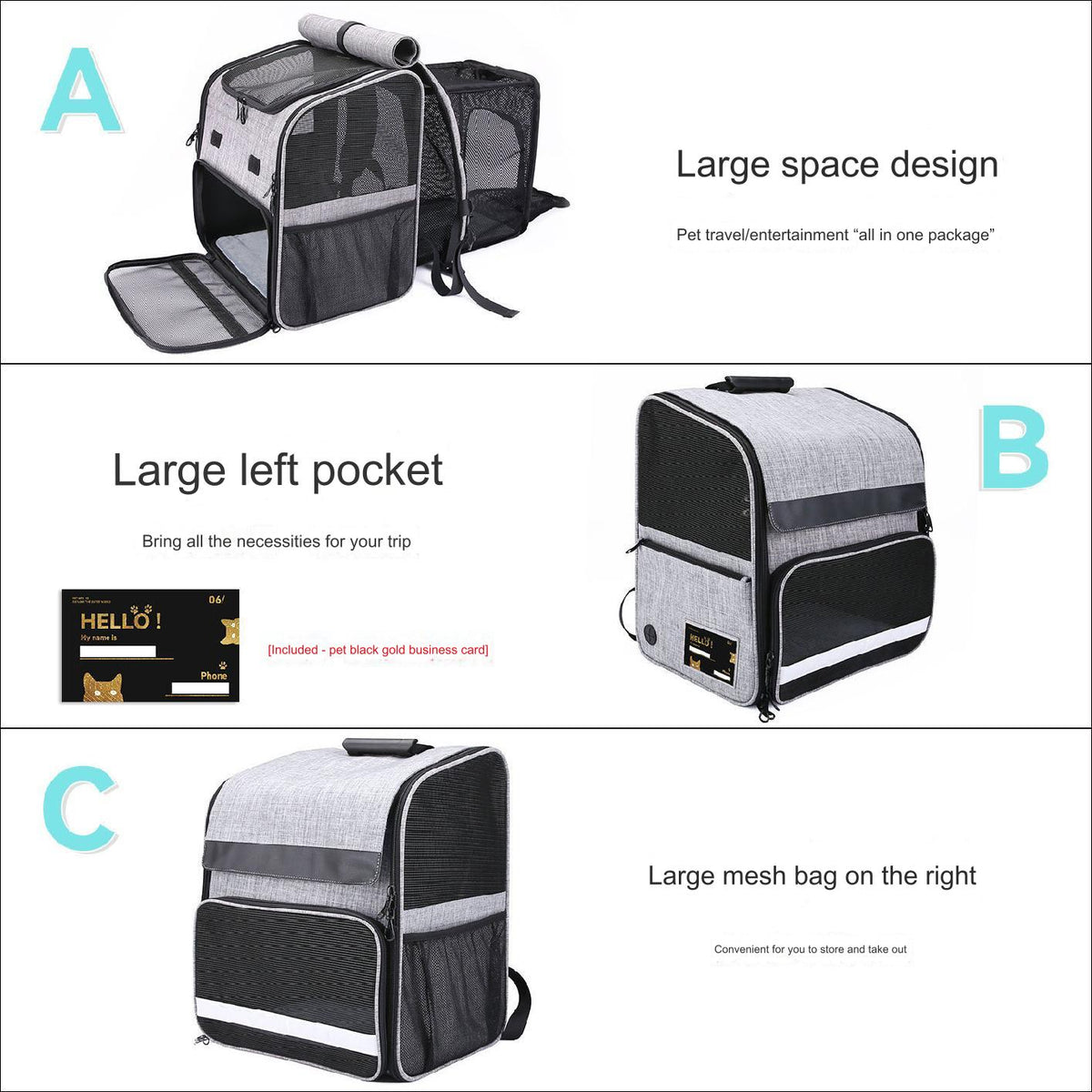 pet travel backpack with large side storage pocket for pet supplies and travel accessories