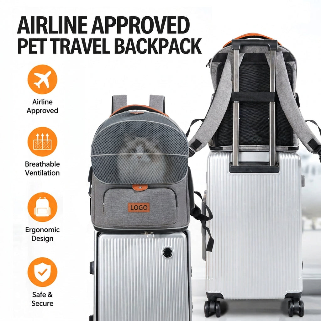 gray pet travel backpack resting on suitcase with rear luggage handle strap and ventilated front mesh panel