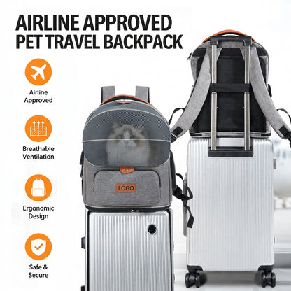 gray pet travel backpack resting on suitcase with rear luggage handle strap and ventilated front mesh panel