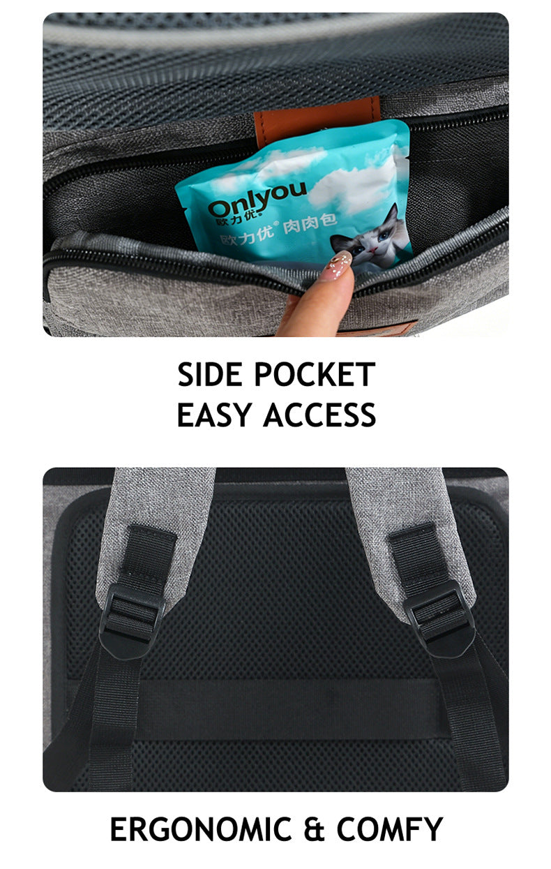 pet travel backpack detail images showing side zipper storage pocket and padded mesh back support