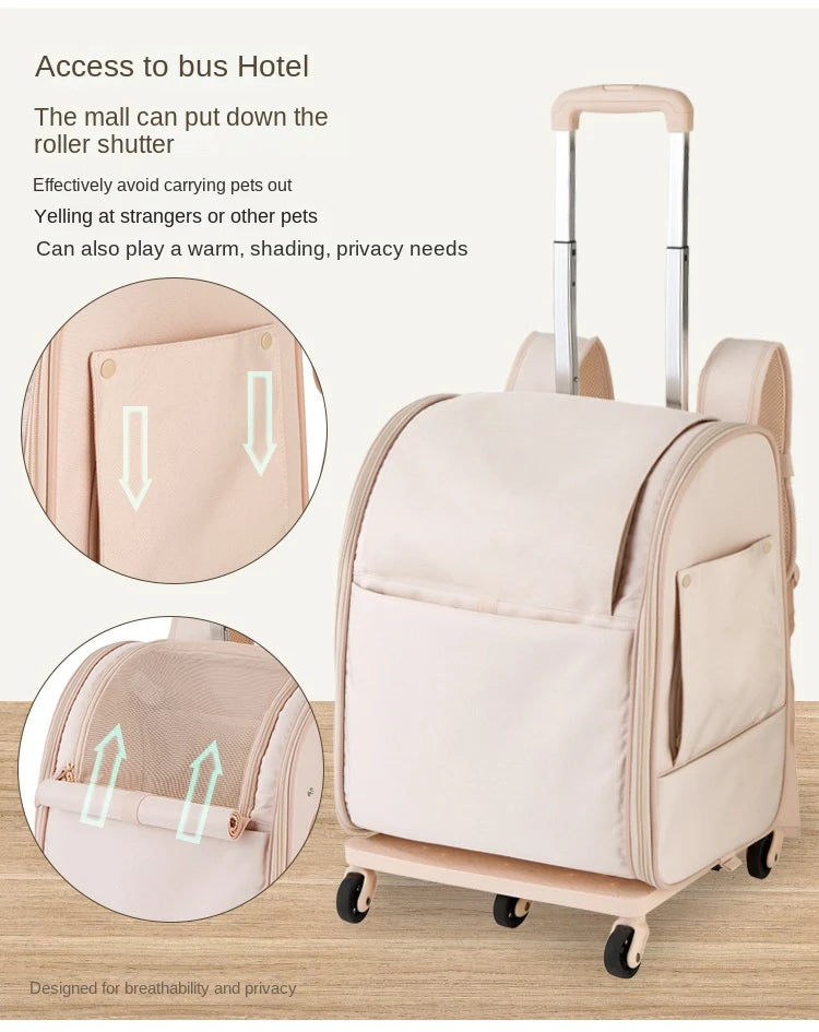 pet travel bag with roll up mesh ventilation window anti escape zipper safety tether buckle and side storage pocket