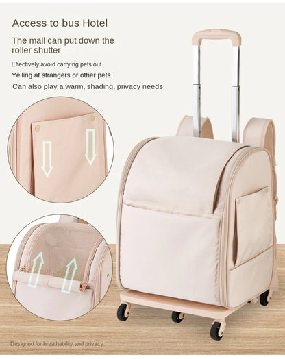 pet travel bag with roll up mesh ventilation window anti escape zipper safety tether buckle and side storage pocket